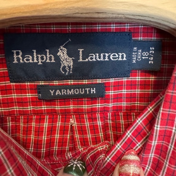 Ralph Lauren Men's Red Plaid Button Down Shirt Yarmouth Fit Long Sleeve 18 34/35 - Picture 4 of 6